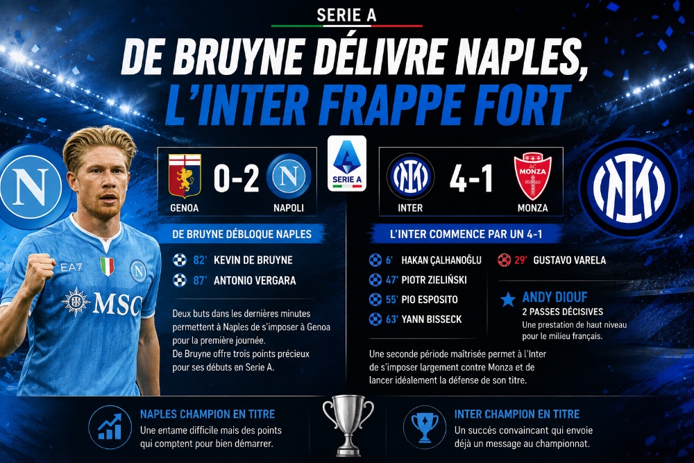 Serie A : De Bruyne délivre Naples, l'Inter frappe fort face à Monza